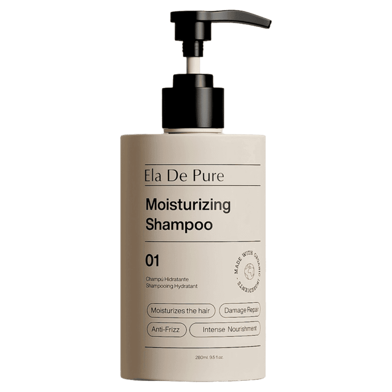 Frasco de shampoo hidratante em fundo neutro